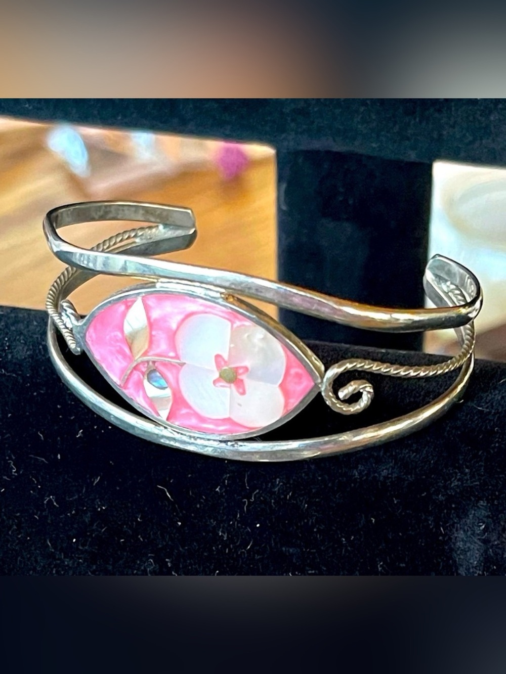 Vintage Signed Alpaca Mexico Enamel & Abalone Floral Cuff Bracelet